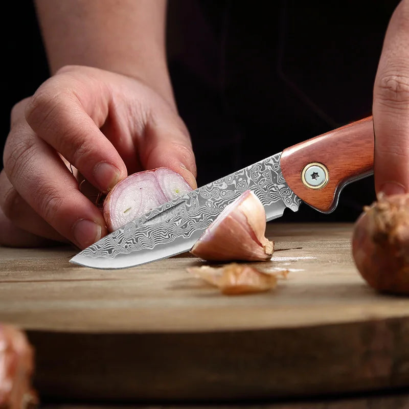 Damascus Steel Folding Knife – Red Sandalwood Handle, 8" Blade Folding Kitchen Knife Axl