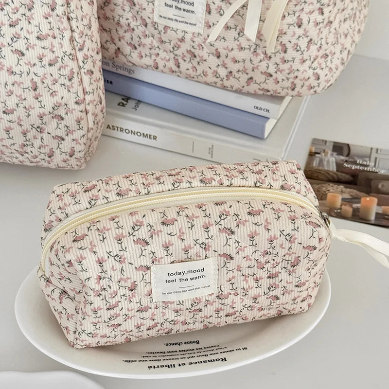 Corduroy Floral Cosmetic Bag – Large Travel Makeup Organizer Travel Makeup Bag Axl