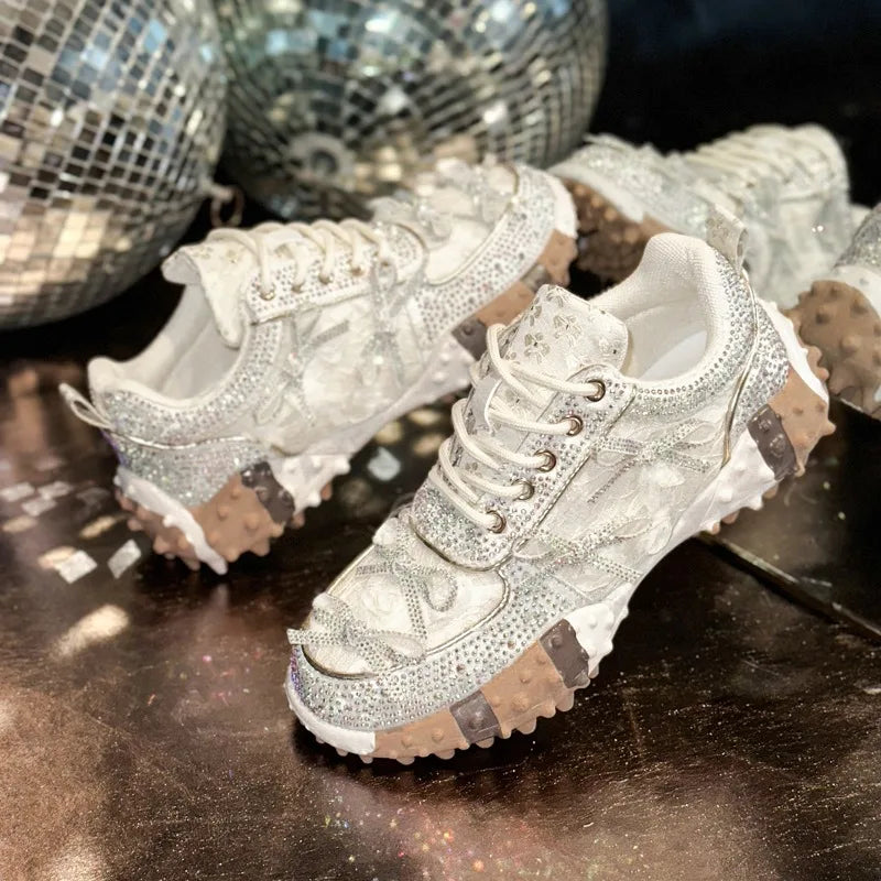 Women's Rhinestone Platform Sneakers – Mesh Bling Casual Shoes Platform Sneakers Axl WHITE 40