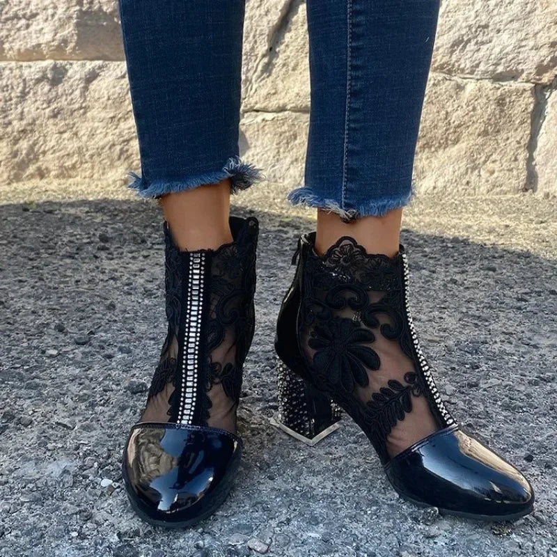Women's Retro Embroidered Ankle Boots – Platform Block Heel Embroidered Ankle Boots Axl