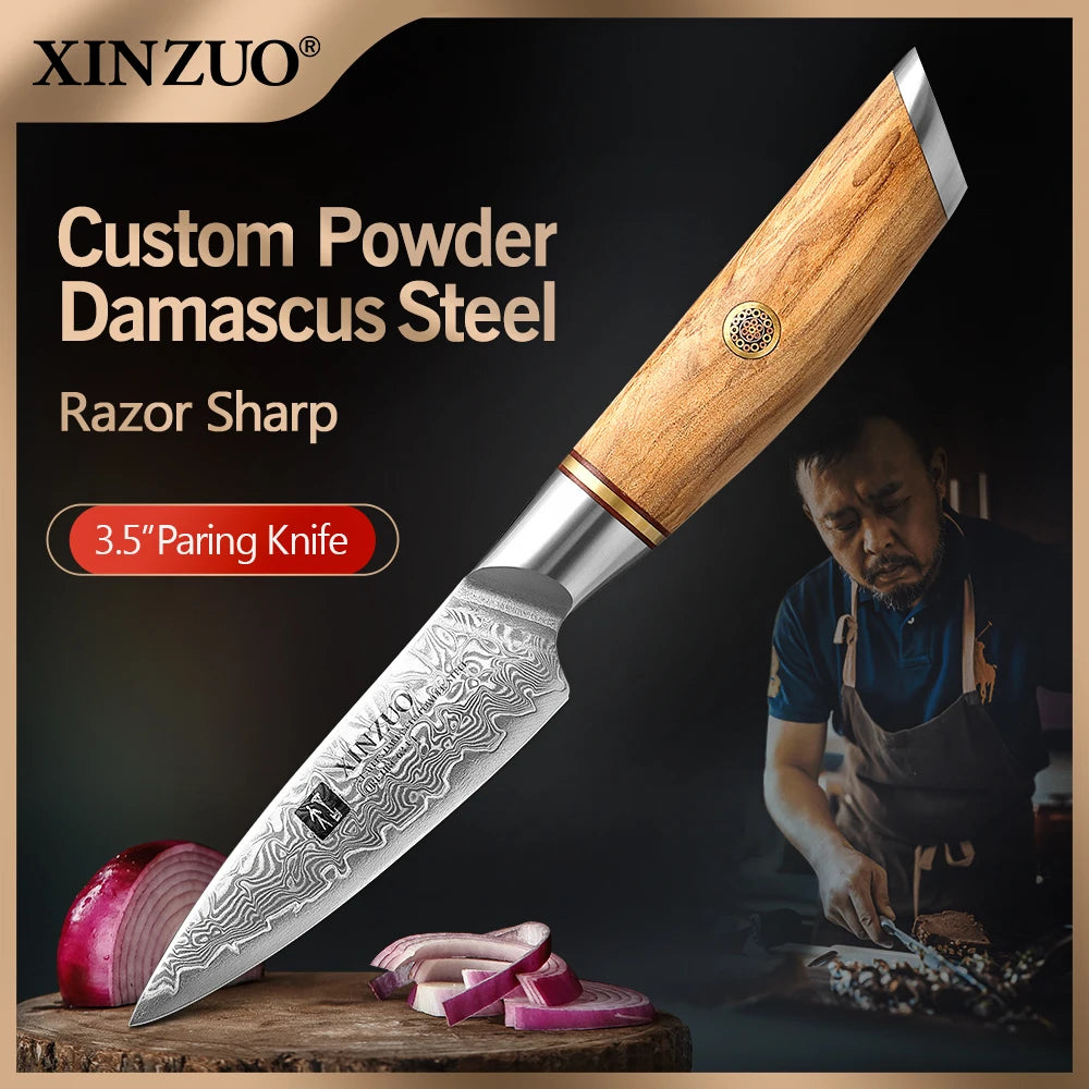 XINZUO 3.5" Damascus Steel Paring Knife – VG10 Core, Olive Wood Damascus Paring Knife Axl 3.5 inch