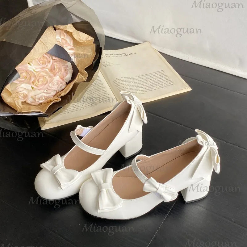 Lolita Mary Jane Pumps – Butterfly-Knot Round Toe Mid Heel Mary Jane Pumps Axl