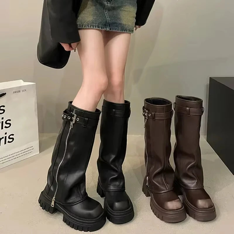 Women's Knee-High Platform Knight Boots – Belt Buckle Zip Knee-High Boots Axl