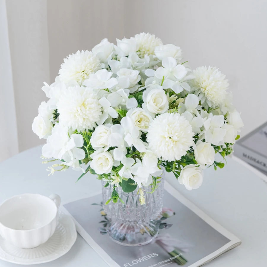 Silk Rose & Chrysanthemum Bouquet – Wedding Garden Decor Artificial Silk Bouquet Axl