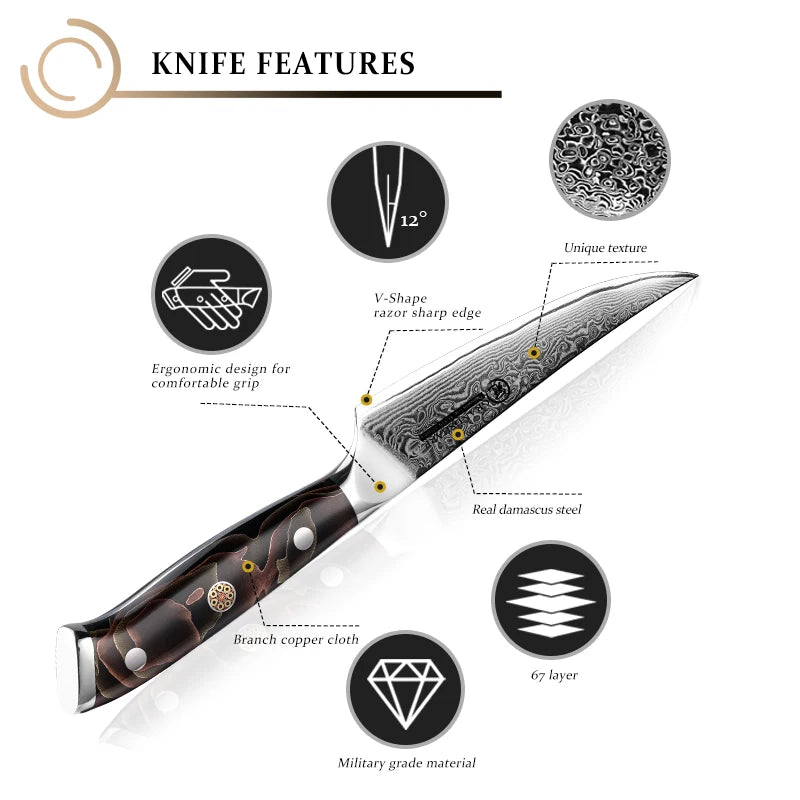 Grandsharp 5" Damascus Steel Steak Knife – 67-Layer Blade Damascus Kitchen Knife Axl