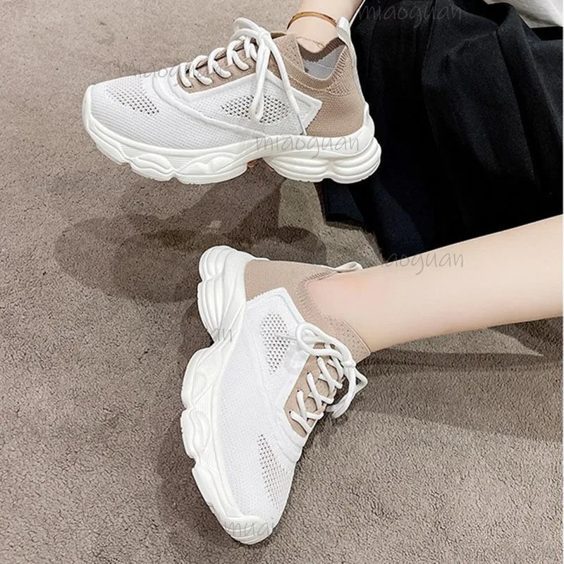 Women's Mixed Color Platform Sneakers – Lace-Up Casual Shoes Platform Sneakers Axl