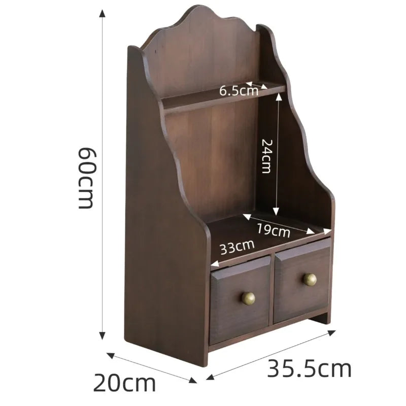 Retro Wooden Storage Shelf with Drawers – Bedroom Makeup Rack Wooden Display Shelf Axl Brown