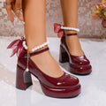 Women's Pearl Block Heel Mary Jane Shoes – Bow & Ribbon Block Heel Pumps Axl Wine red 38