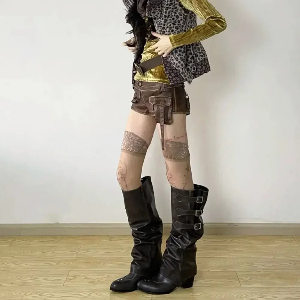 Women's Punk Gothic Knee-High Boots – Black Rivet Moto Style Knee-High Boots Axl