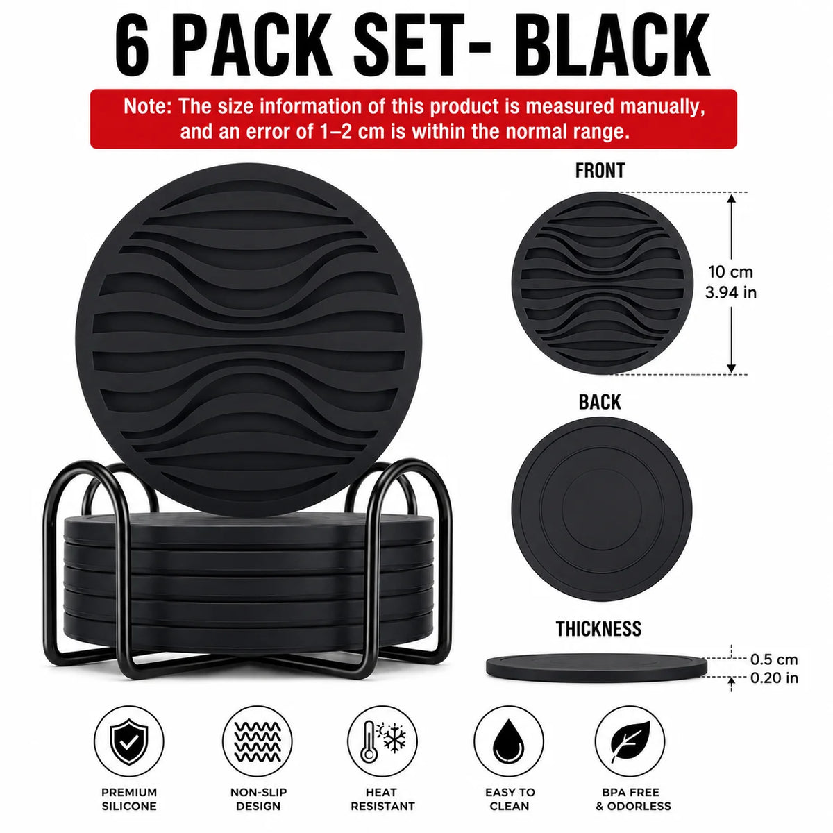 6-Pack Silicone Drink Coasters with Holder | Non-Slip, Heat Resistant Silicone Coaster Set Axl 6 PACK Set-Black