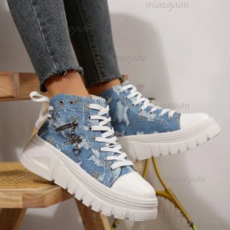 Women's Canvas Denim High-Top Sneakers – Thick Platform Sole Canvas High-Top Sneakers Axl