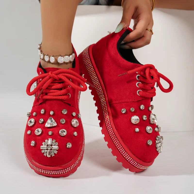 Women's Rhinestone Platform Sneakers | Crystal Suede Shoes Platform Sneakers Axl