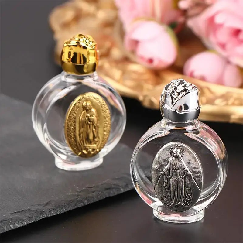 Holy Water Glass Bottle – Christian Virgin & Rose Cross Design Religious Glass Bottle Axl