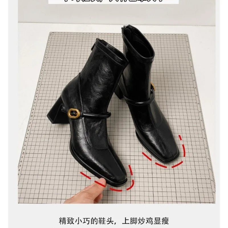 Women's Square Toe Block Heel Boots – Vintage Zip Booties Block Heel Boots Axl