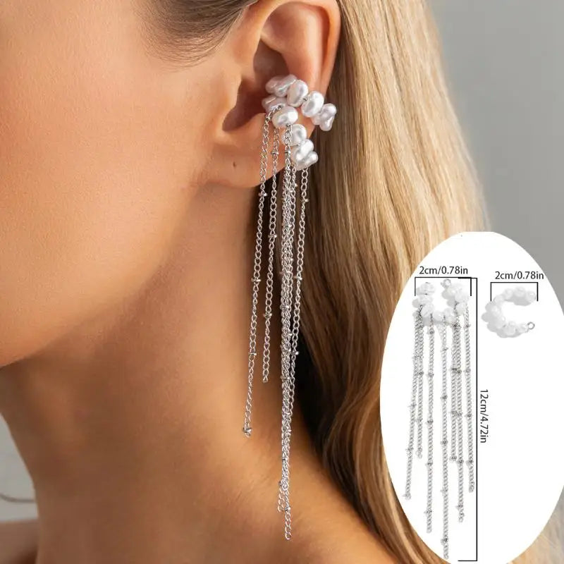 Pearl Long Tassel Ear Cuff Clip – No Piercing Women's Earrings Ear Cuff Earrings Axl A1
