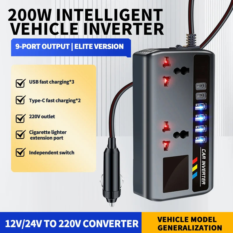 200W Car Power Inverter 9-in-1 | PD, QC3.0, USB-C & AC 220V Car Power Inverter Axl Nodisplay-1pcs