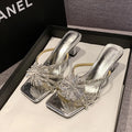 Rhinestone Chunky Heel Sandals – Square Toe Party Slippers Heeled Sandals Axl Silver 37