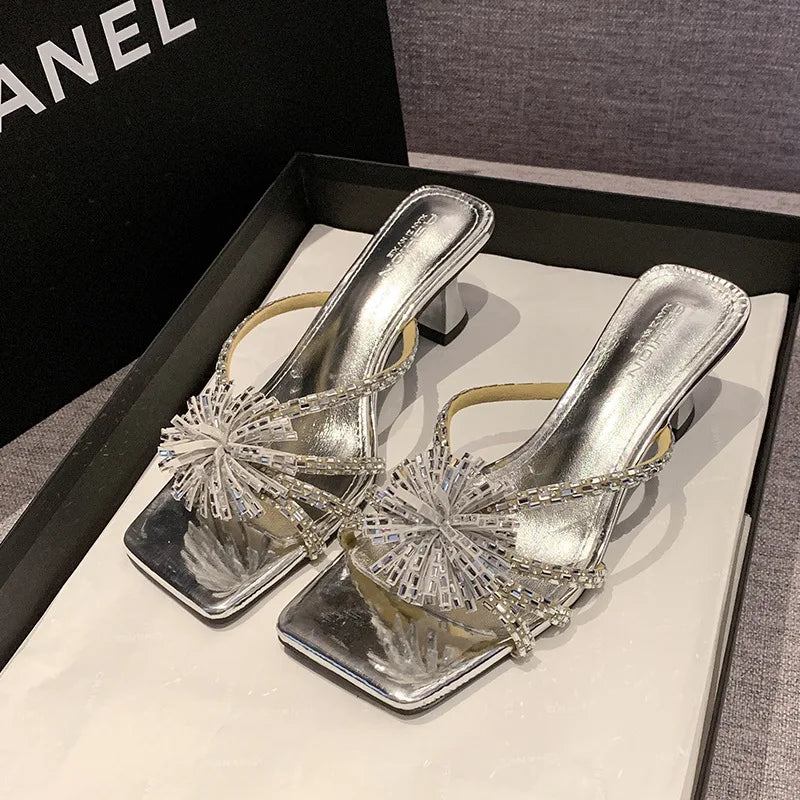 Rhinestone Chunky Heel Sandals – Square Toe Party Slippers Heeled Sandals Axl Silver 37