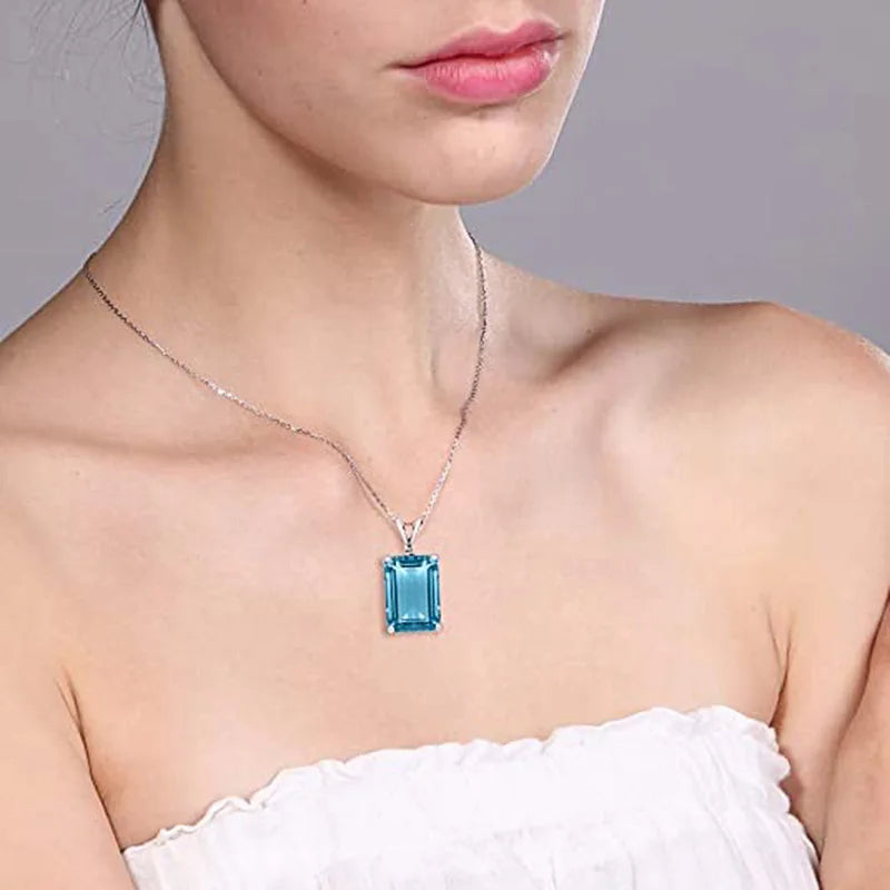Huitan Blue CZ Square Pendant Necklace | Women's Wedding Jewelry Pendant Necklace Axl