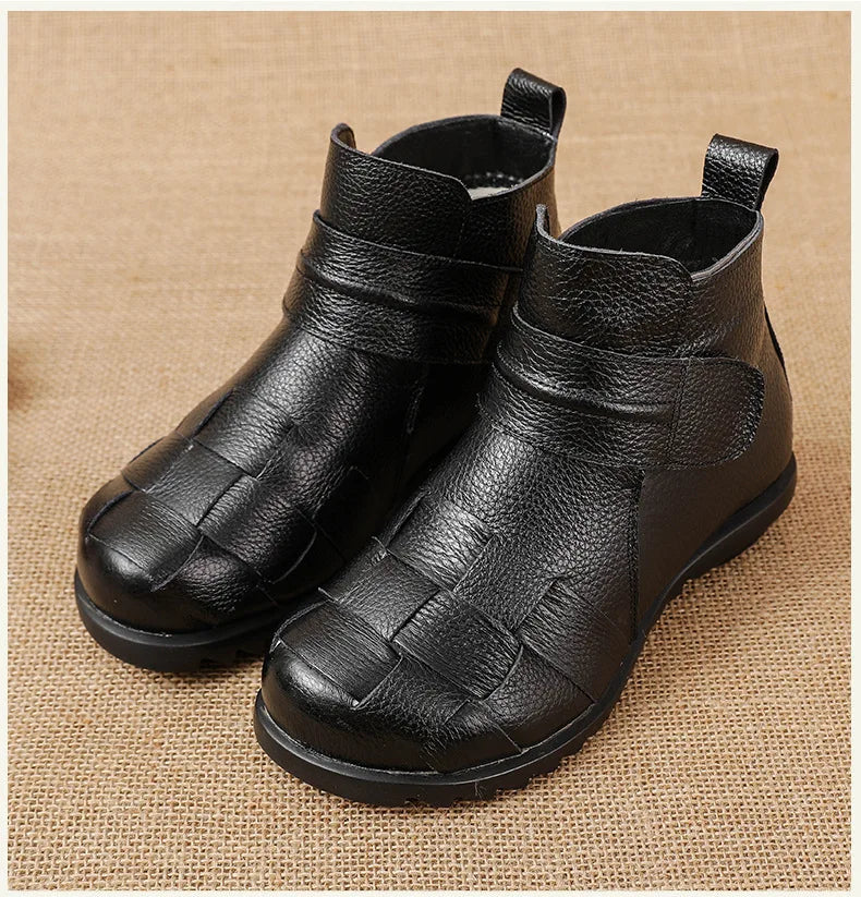 Women's Genuine Leather Ankle Boots – Retro Braid Winter Snow Women's Ankle Boots Axl