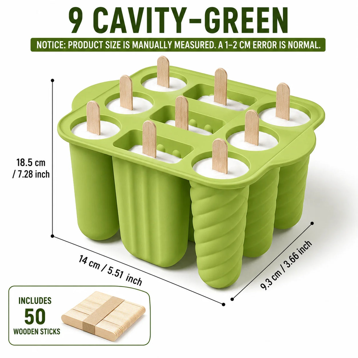 Silicone Popsicle Mold 9/10 Cavity + 50 Wooden Sticks | Ice Pop Popsicle Mold Set Axl 9 Cavity-Green