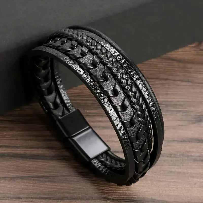 Men's Multilayer Braided Leather Wrap Bracelet | Magnetic Buckle Leather Wrap Bracelet Axl A1