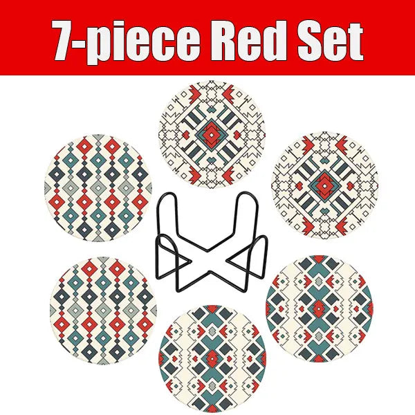 Ceramic Stone Coaster Set of 6 | Spanish Floral with Holder Ceramic Coaster Set Axl Red Set
