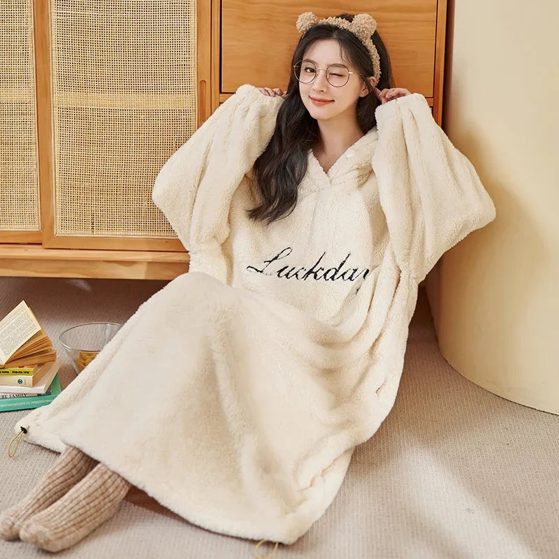 Women's Hooded Coral Velvet Nightgown – Plush Flannel Pajama Dress Hooded Nightgown Axl