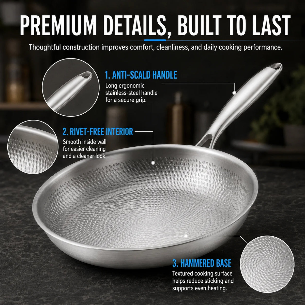 Hammered 3-Ply Stainless Steel Skillet – Uncoated Frying Pan 28cm Stainless Steel Skillet Axl