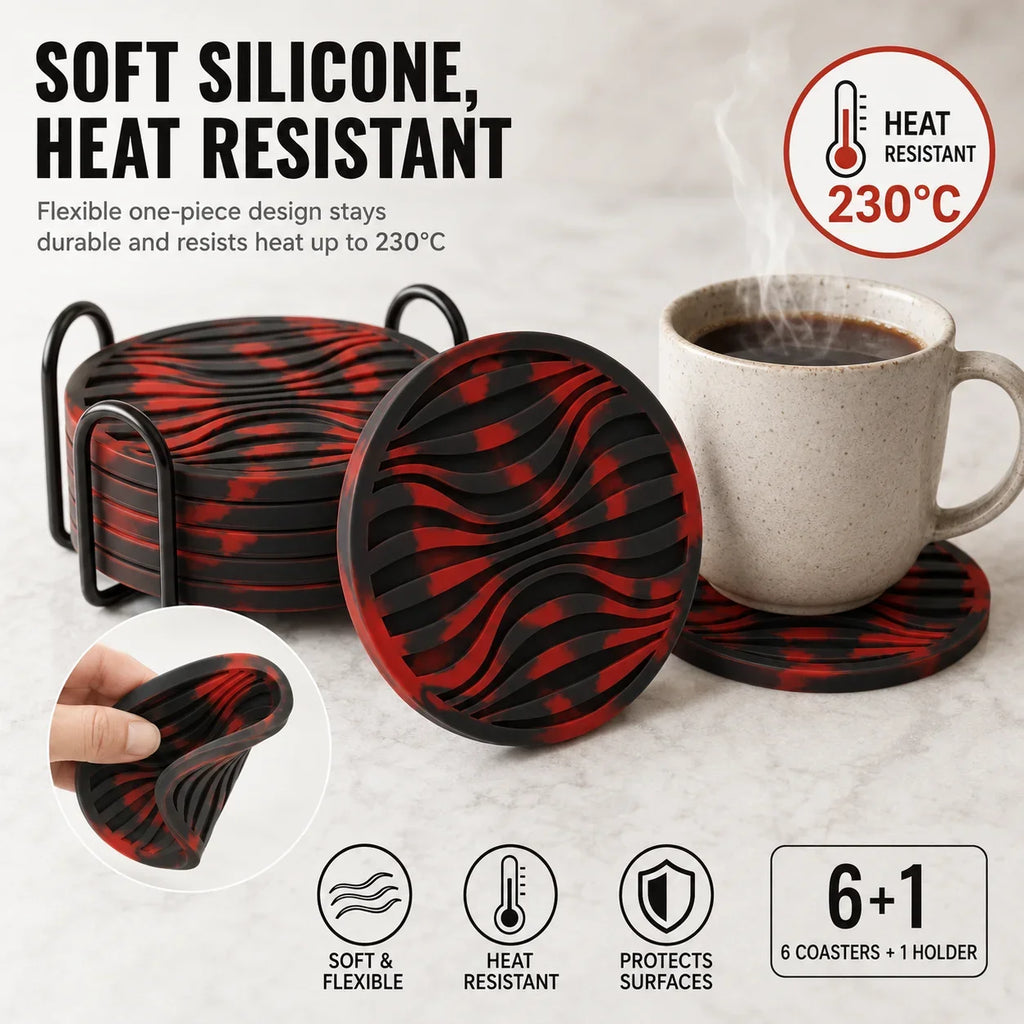 6-Pack Silicone Drink Coasters with Holder | Non-Slip, Heat Resistant Silicone Coaster Set Axl