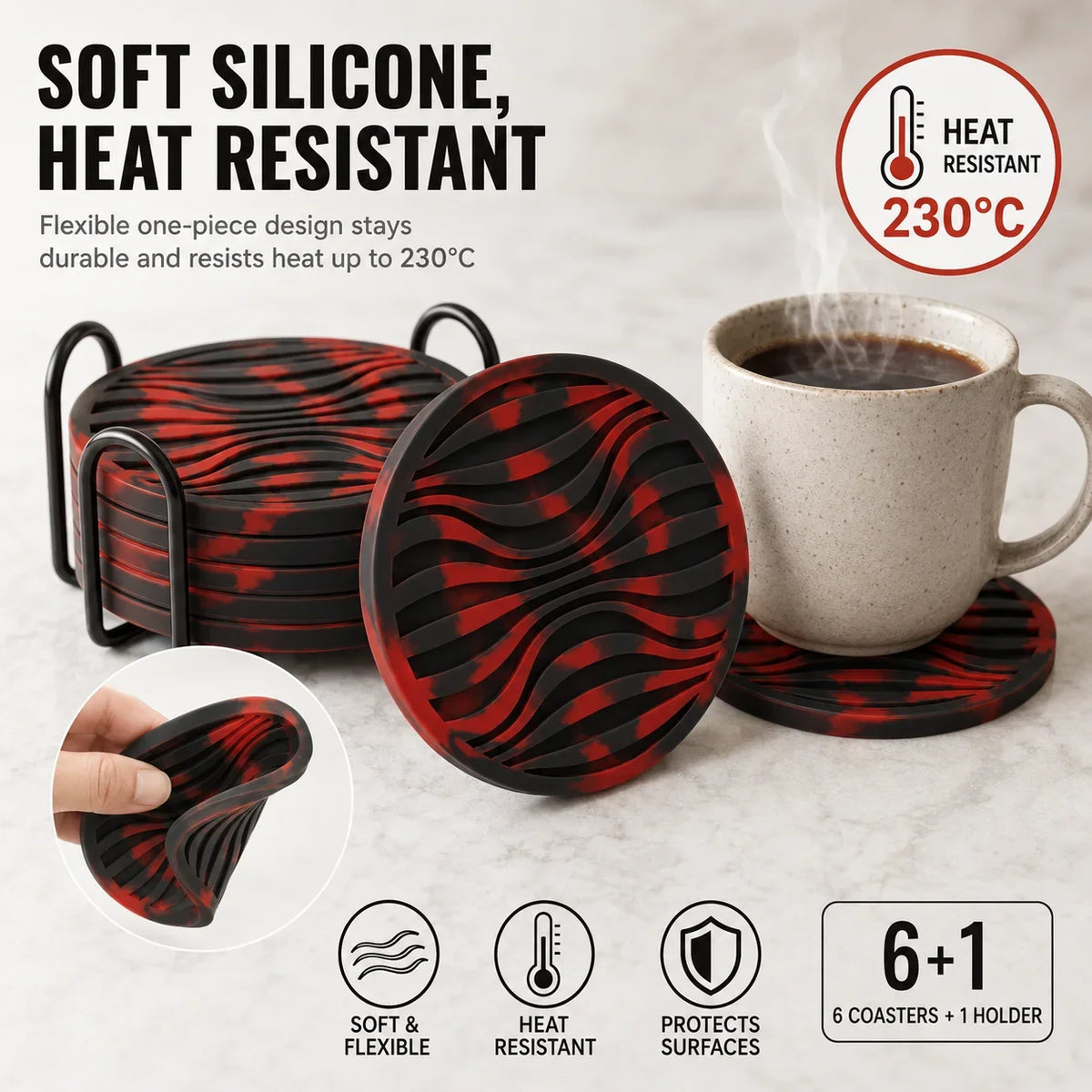 6-Pack Silicone Drink Coasters with Holder | Non-Slip, Heat Resistant Silicone Coaster Set Axl
