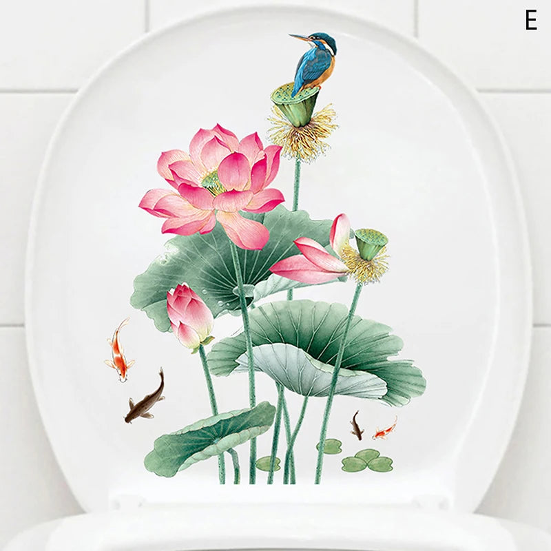 Floral Toilet Lid & Bathroom Wall Sticker – Self-Adhesive PVC Wall Sticker Decal Axl E