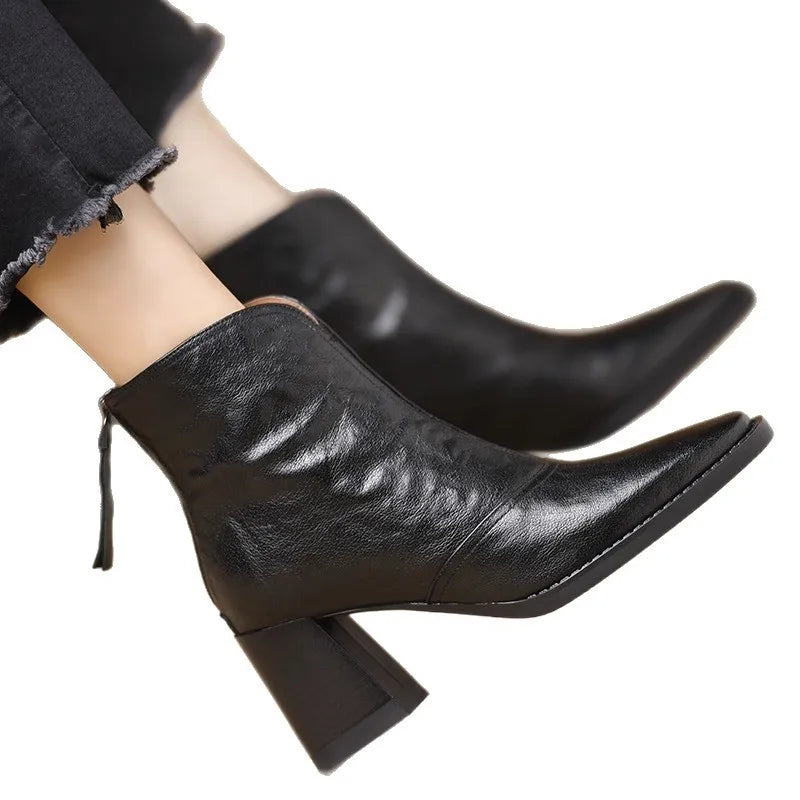 Women's Square Toe Ankle Boots | Block Heel Zipper PU Leather Ankle Boots Axl