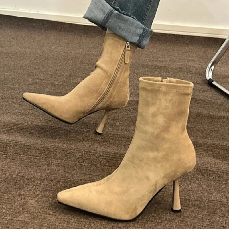 Women's Stiletto Ankle Boots – Pointed Toe Suede Zip Design Stiletto Ankle Boots Axl