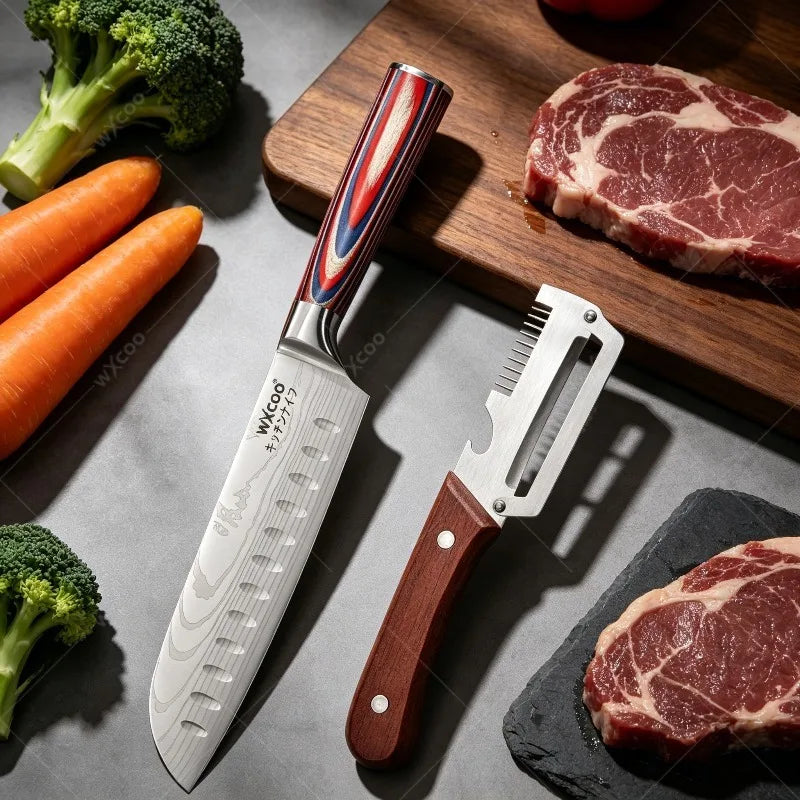 WXCOO Damascus Santoku Knife & Peeler Set – Wood Handle Kitchen Knife Set Axl