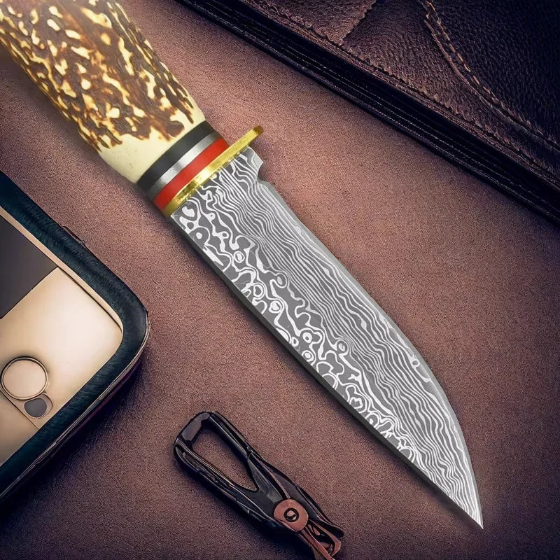 FL FLYWOD Fixed Blade Knife – Damascus Bone Handle D3 Steel Fixed Blade Knife Axl