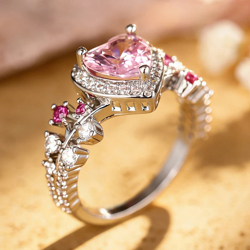 Huitan Pink Heart CZ Ring – Women's Wedding & Engagement Band CZ Fashion Ring Axl