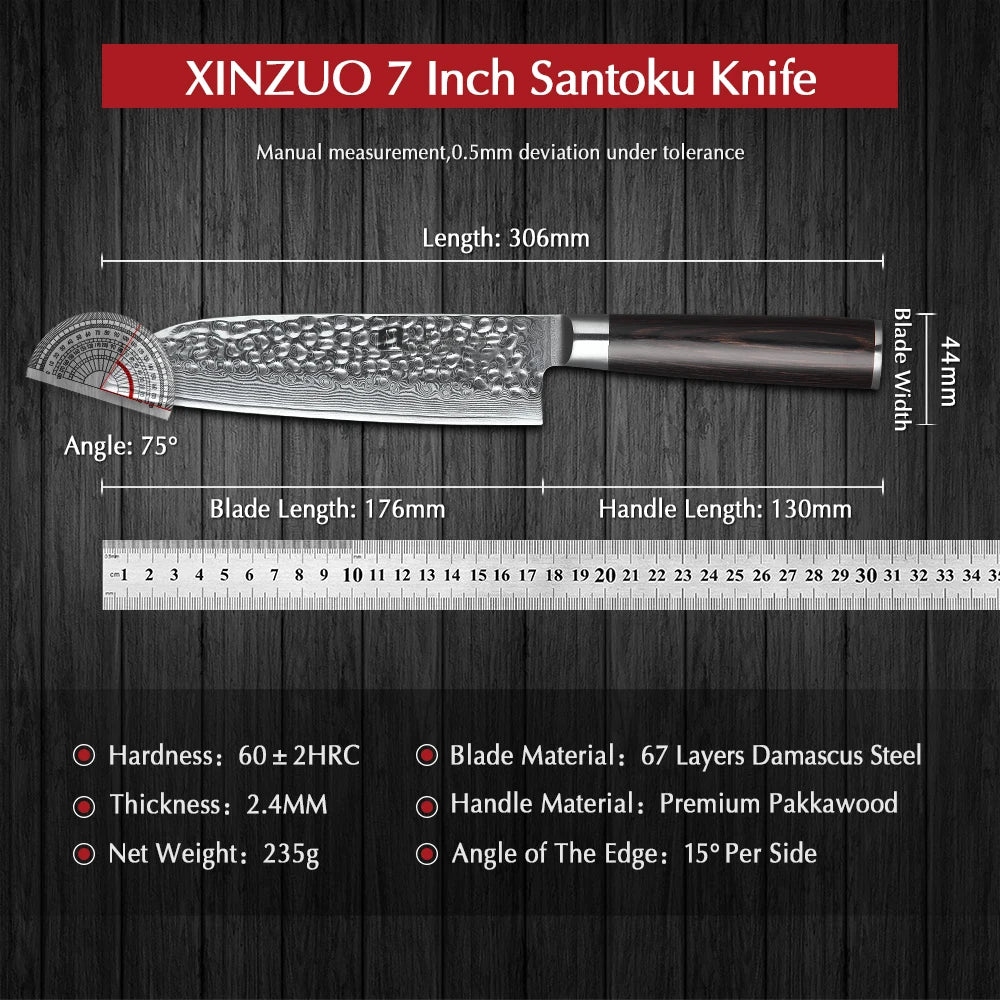 XINZUO 7" Damascus Santoku Knife – VG10 Steel & Pakkawood Santoku Kitchen Knife Axl