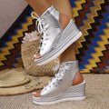 Women's Leopard Print Wedge Sandals – Open Toe Lace-Up Wedge Sandals Axl Silver 42