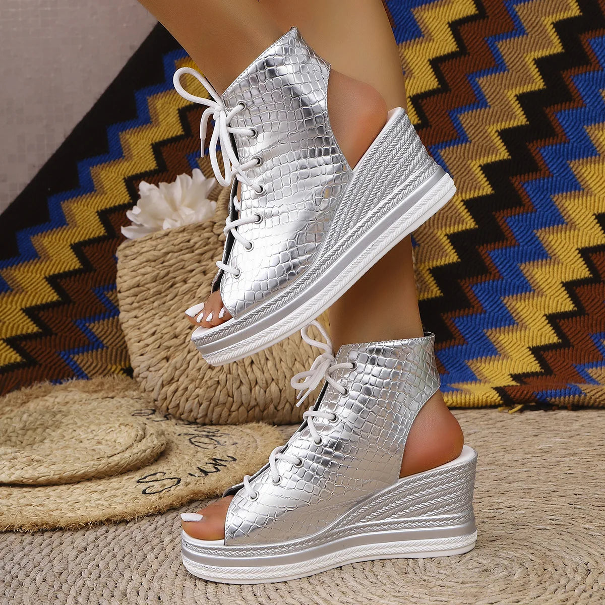 Women's Leopard Print Wedge Sandals – Open Toe Lace-Up Wedge Sandals Axl Silver 42