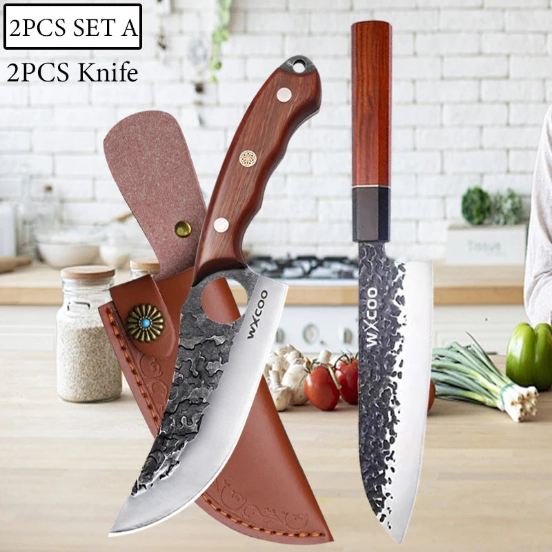 WXCOO Hand-Forged Japanese Chef's Knife – Multipurpose 14.5" Chef's Kitchen Knife Axl 2PCS A