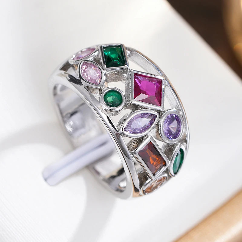 Huitan Rainbow CZ Wide Band Ring – Bohemian Women's Jewelry Fashion Ring Axl A973 10