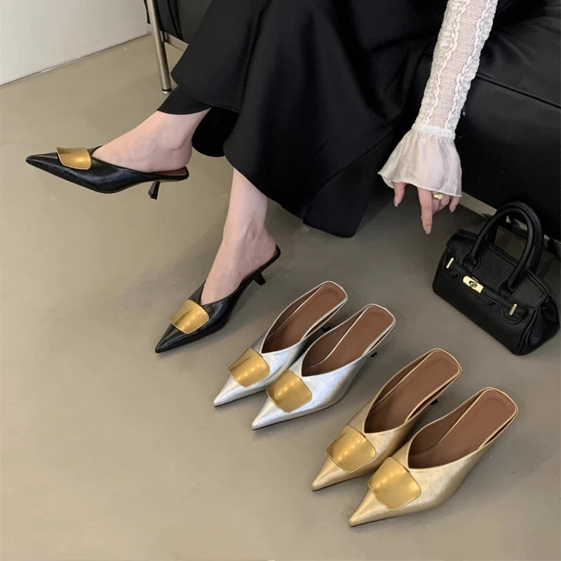 Women's Metallic Pointed Toe Mule Slides | Heeled Summer Sandals Heeled Mule Slides Axl