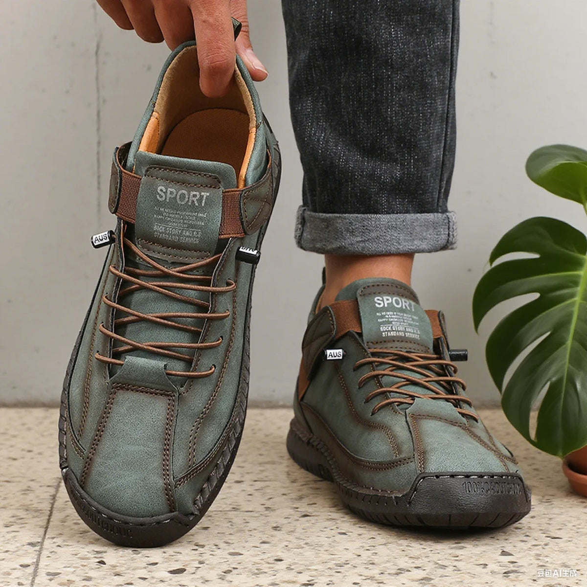 ZULIWAGN Retro Men's Leather Strap Sneakers | Casual Walking Shoes Men's Casual Sneakers Axl army green 36