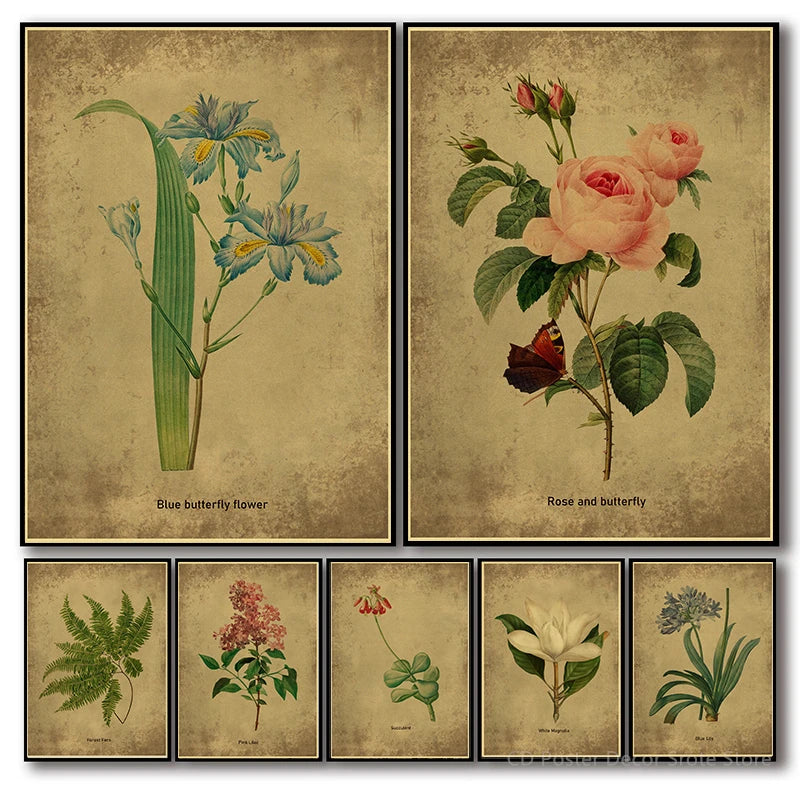 Vintage Botanical Floral Poster – Herb Rose & Butterfly Wall Art Botanical Wall Poster Axl