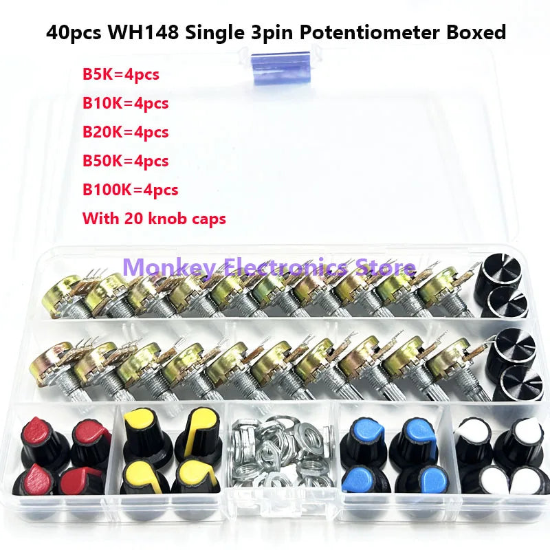 40PCS WH148 Rotary Potentiometer Kit B5K-B100K + 20 Knobs Potentiometer Kit Axl Default Title