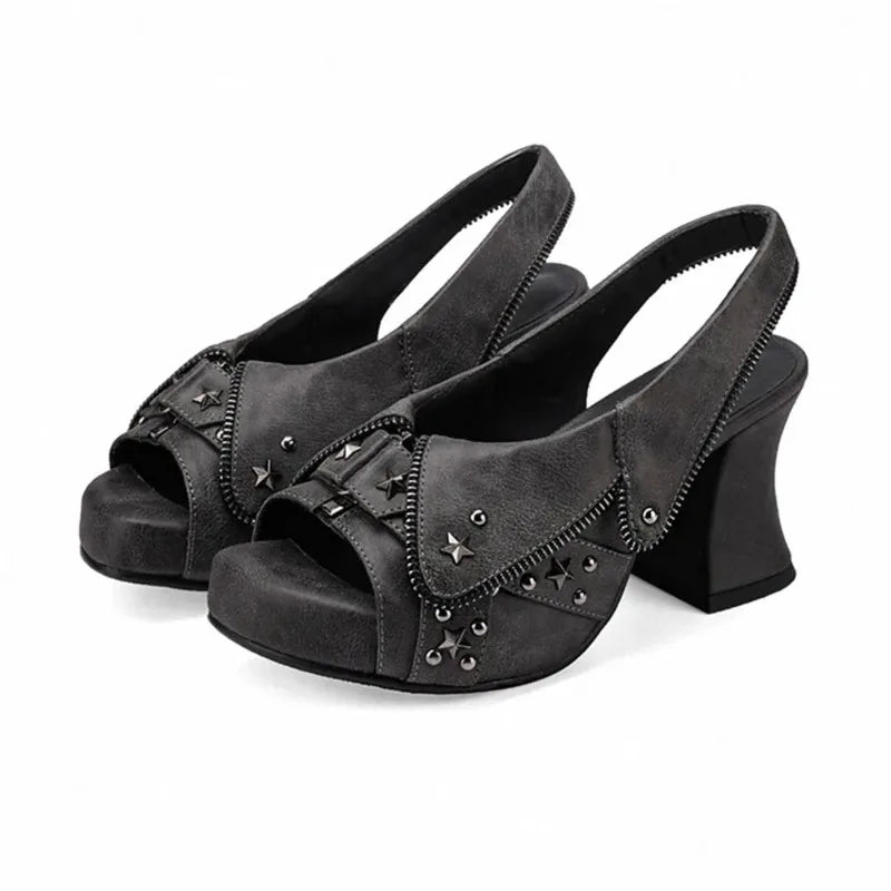 Y2K Star Rivet Denim Platform Sandals – Peep Toe Slingback Heels Platform Sandals Axl