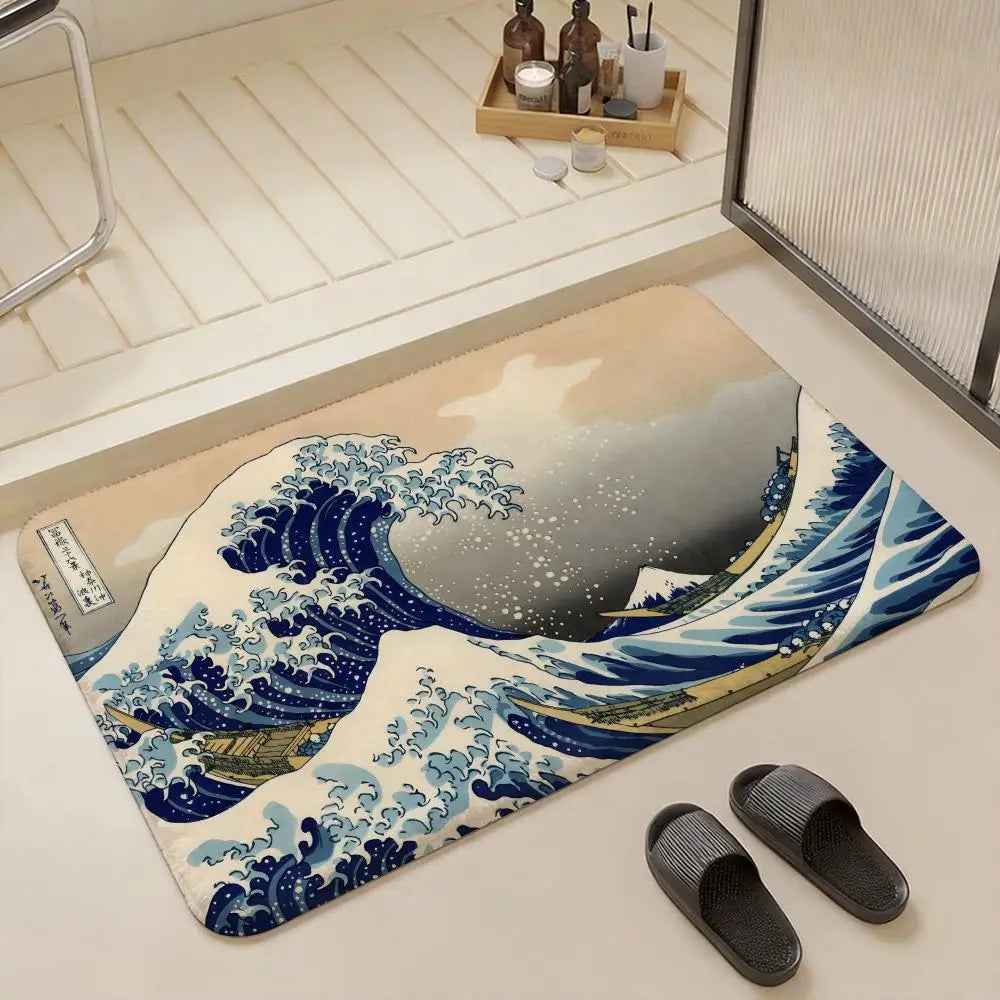 Great Wave off Kanagawa Flannel Floor Mat | Non-Slip Doormat Decorative Floor Mat Axl