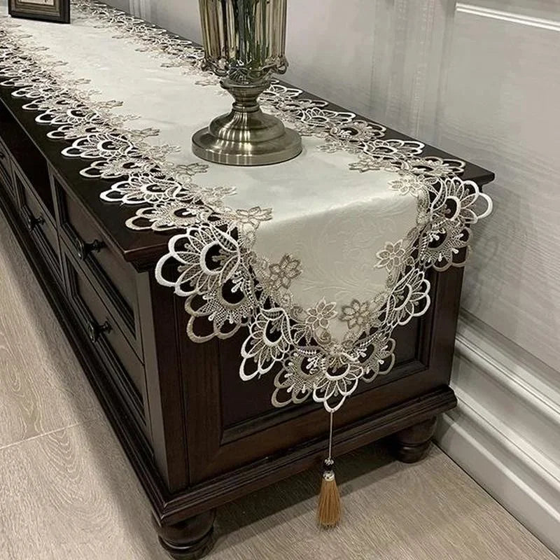 White Lace Embroidered Table Runner – Dust-Proof Fabric Cover Lace Table Runner Axl WHITE 40x120cm