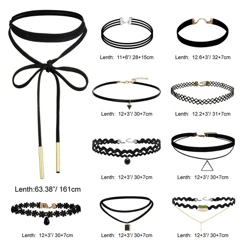 10-Piece Black Velvet Choker Necklace Set – Gothic & Classic Choker Necklace Set Axl Set Black